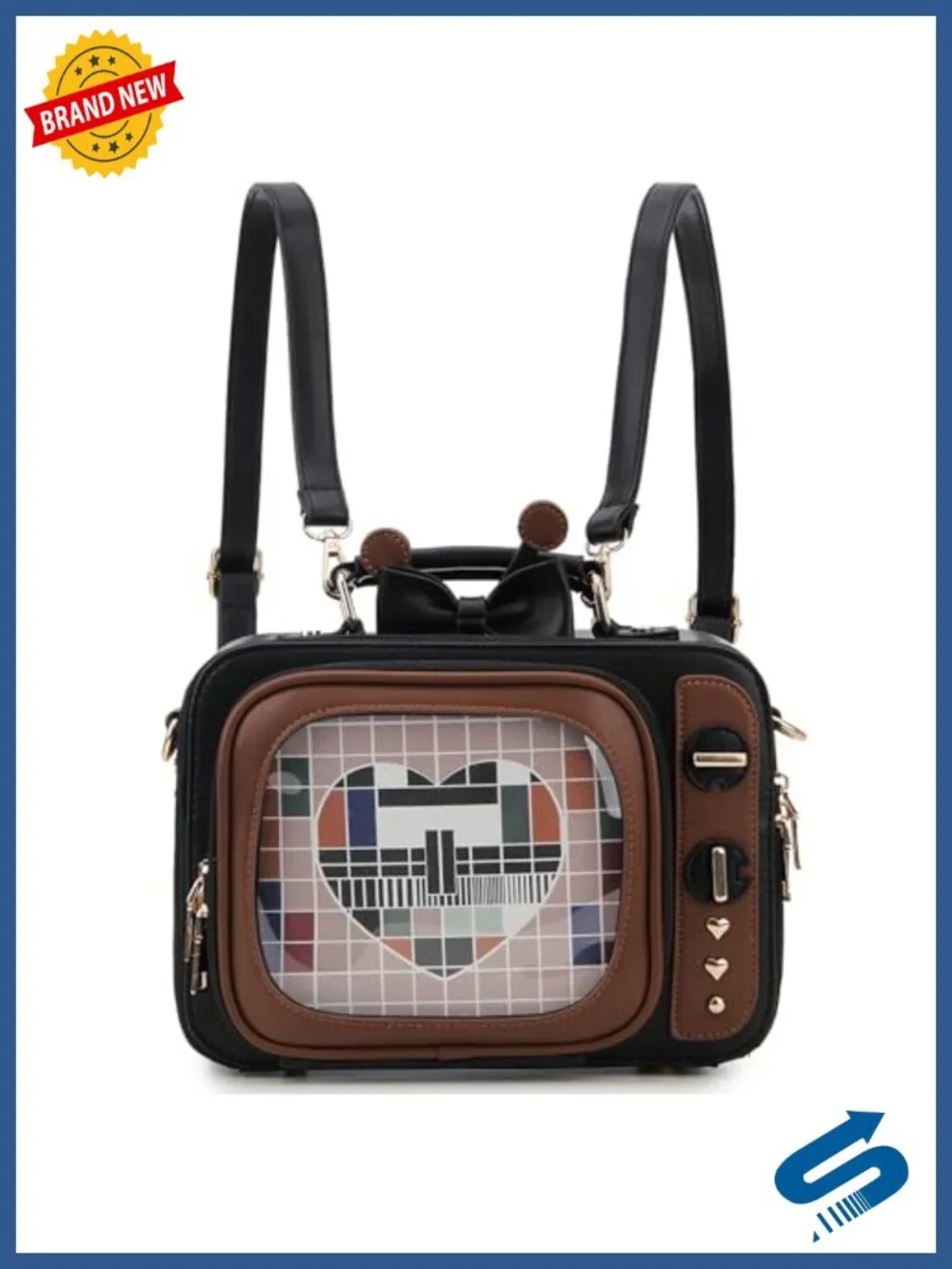 Retro TV Ita Bag Backpack with 2 Inserts, Faux Leather Display Purse